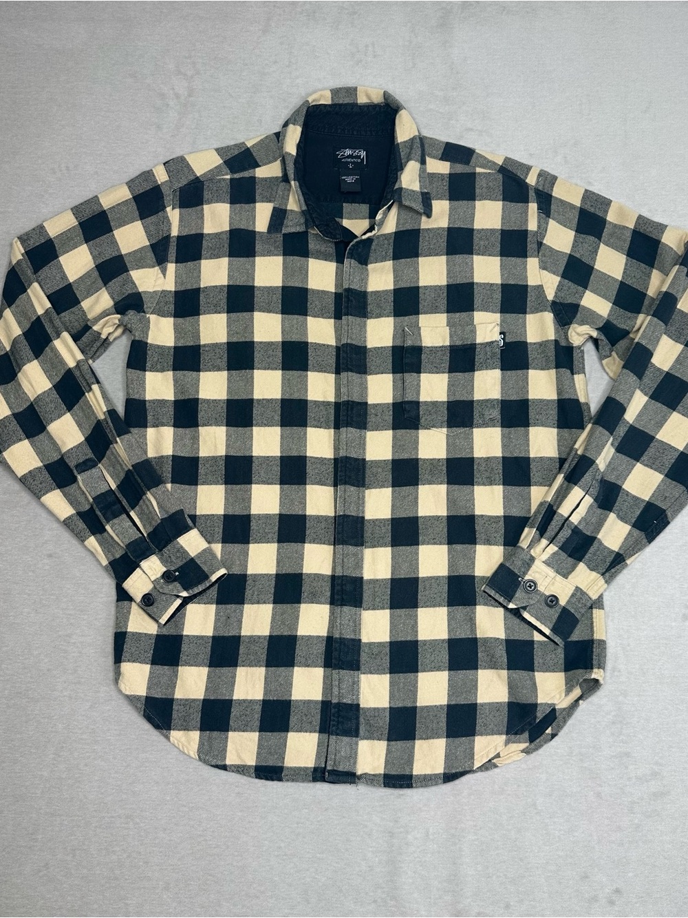 Stussy Black and Cream Checked Flannel Button-Up Shirt